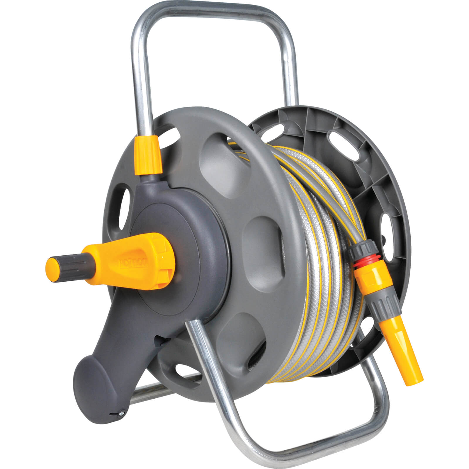 Image of Hozelock 45 Metre Hose Reel with 25 Metre Maxi Plus Hose Pipe 125mm 12 and Connectors