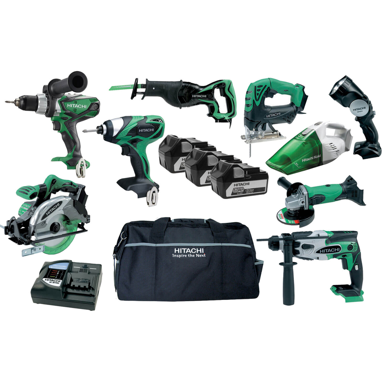 Image of Hitachi KTL918S 18v Cordless 9 Piece Power Tool Kit with 3 Lithium Ion Batteries 5ah