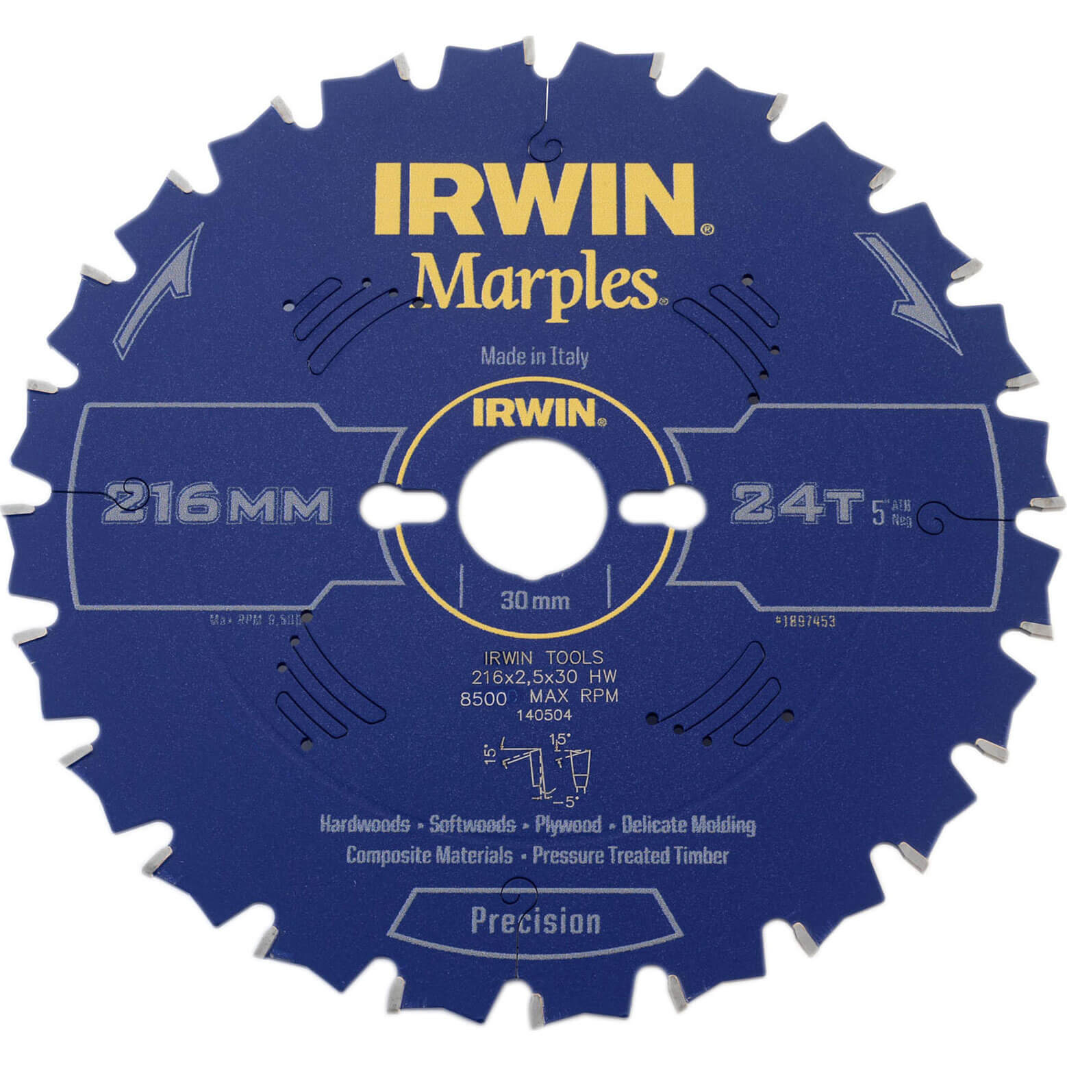 Image of Irwin Marples Circular Saw Blade 216mm x 24 Teeth x 30mm Bore ATB Neg M