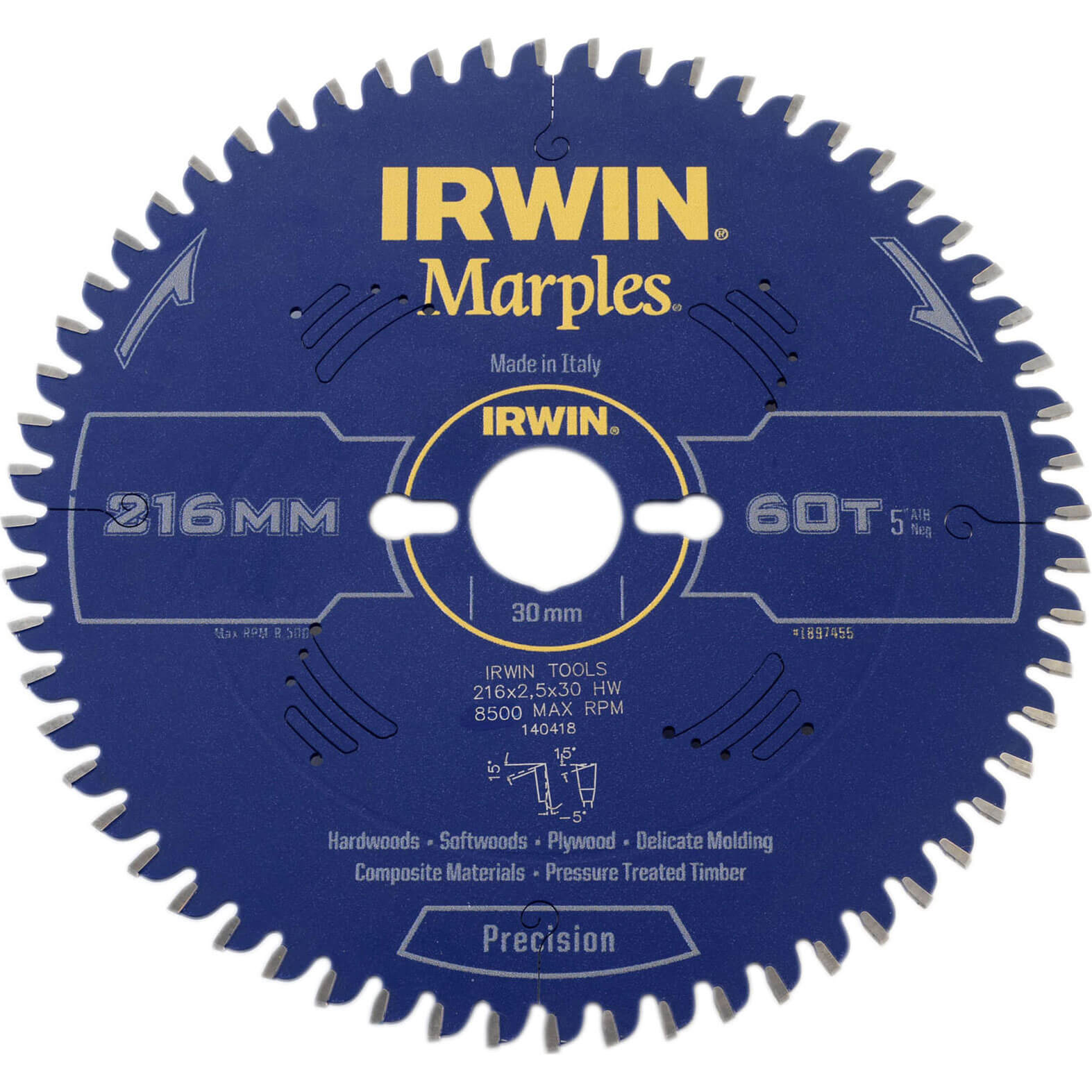 Image of Irwin Marples Circular Saw Blade 216mm x 60 Teeth x 30mm Bore ATB Neg M