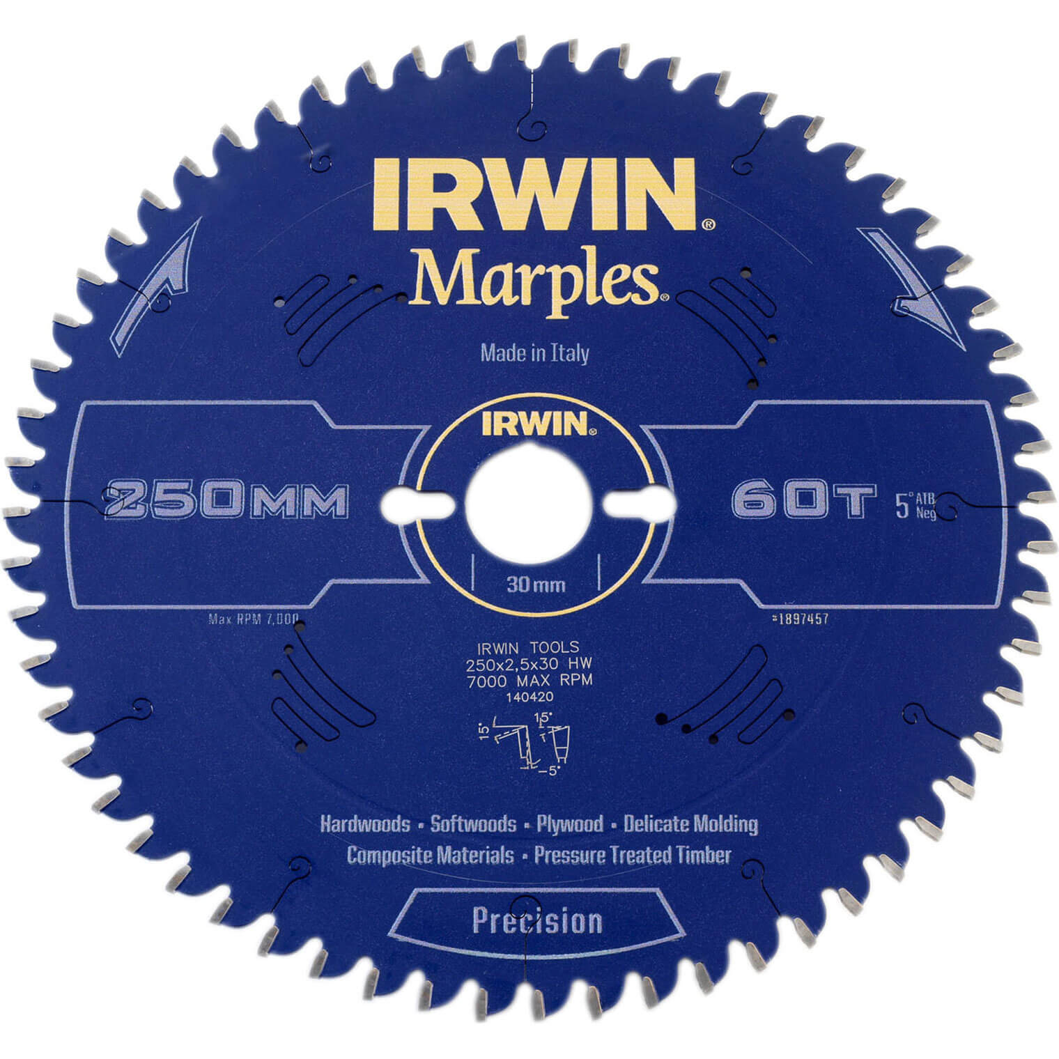 Image of Irwin Marples Circular Saw Blade 250mm x 60 Teeth x 30mm Bore ATB Neg M