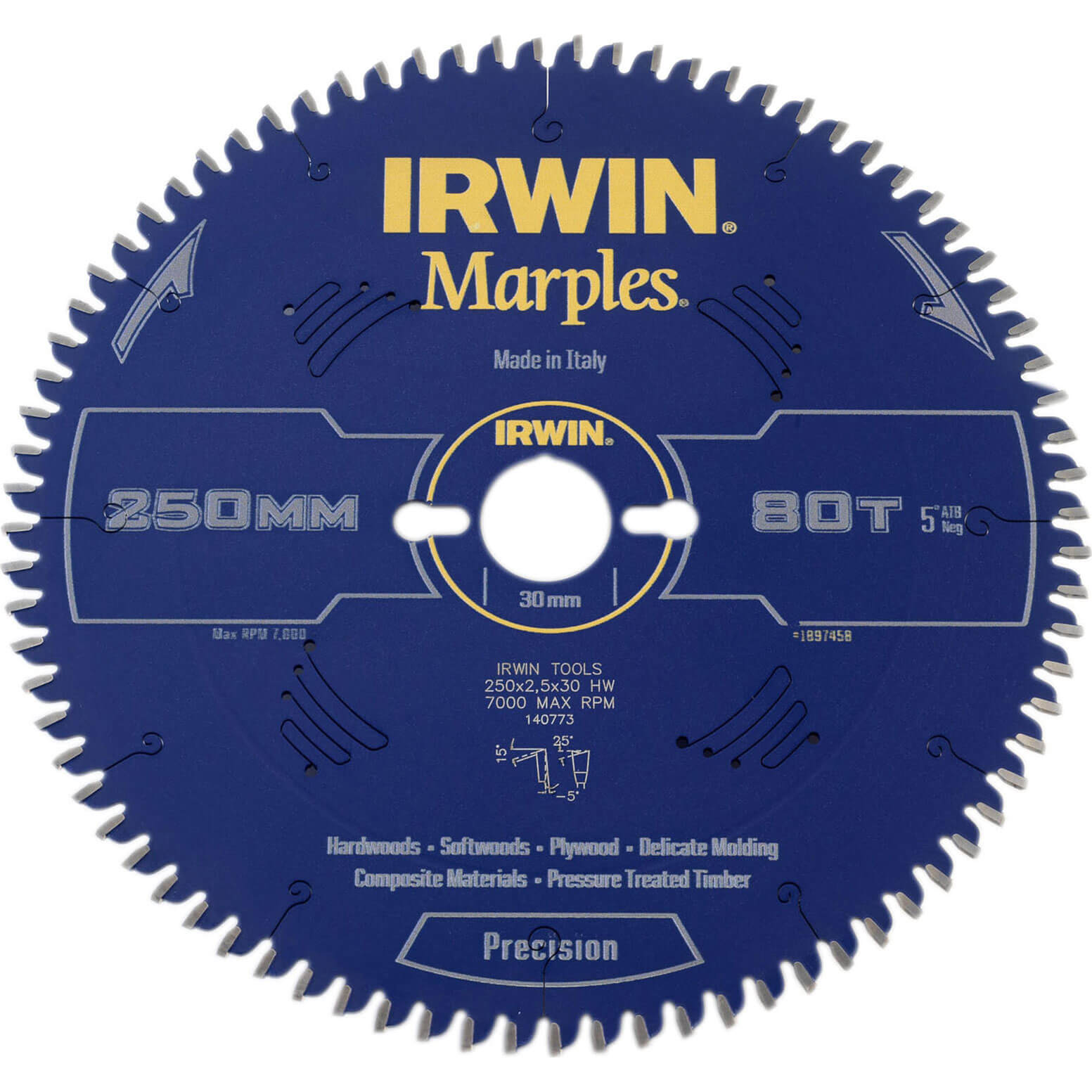 Image of Irwin Marples Circular Saw Blade 250mm x 80 Teeth x 30mm Bore ATB Neg M