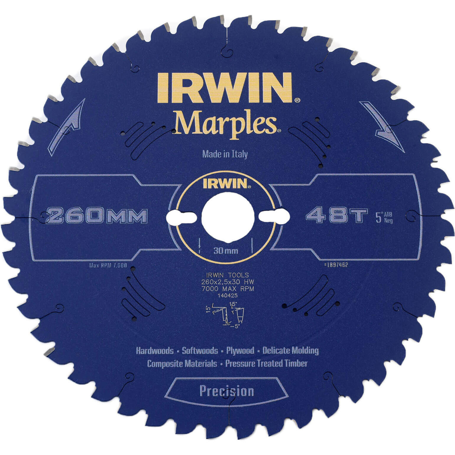 Image of Irwin Marples Circular Saw Blade 260mm x 48 Teeth x 30mm Bore ATB Neg M