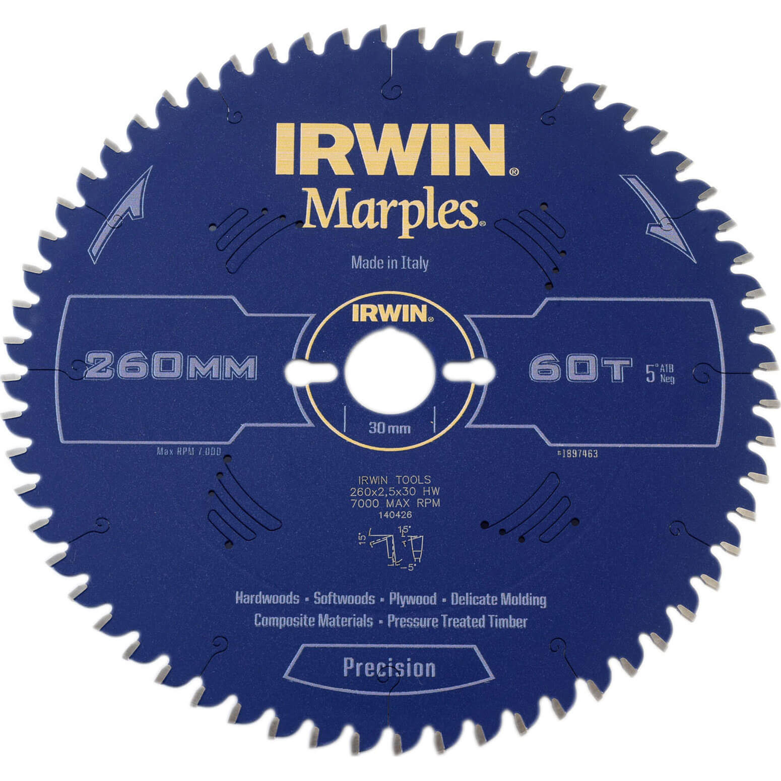 Image of Irwin Marples Circular Saw Blade 260mm x 60 Teeth x 30mm Bore ATB Neg M