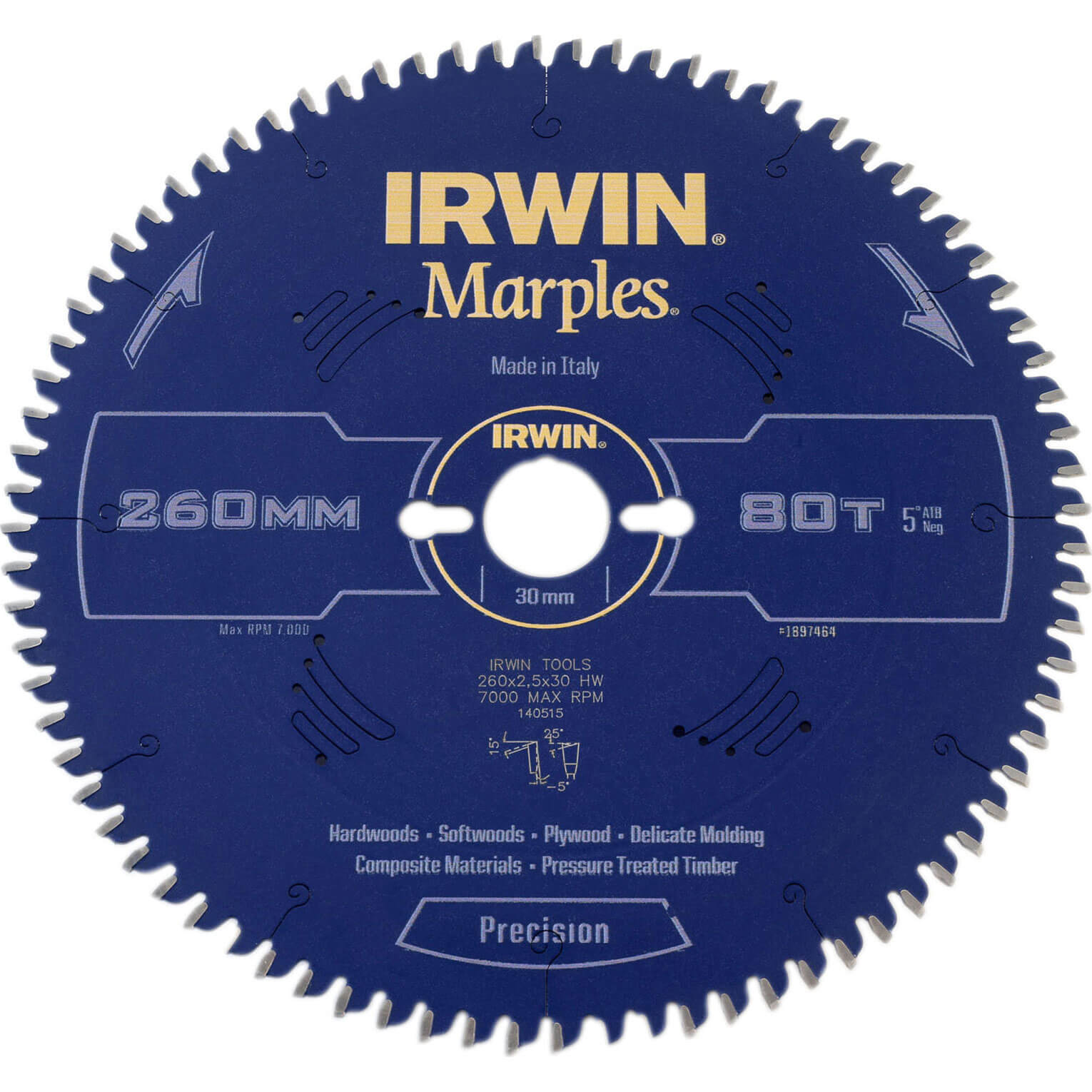 Image of Irwin Marples Circular Saw Blade 260mm x 80 Teeth x 30mm Bore ATB Neg M