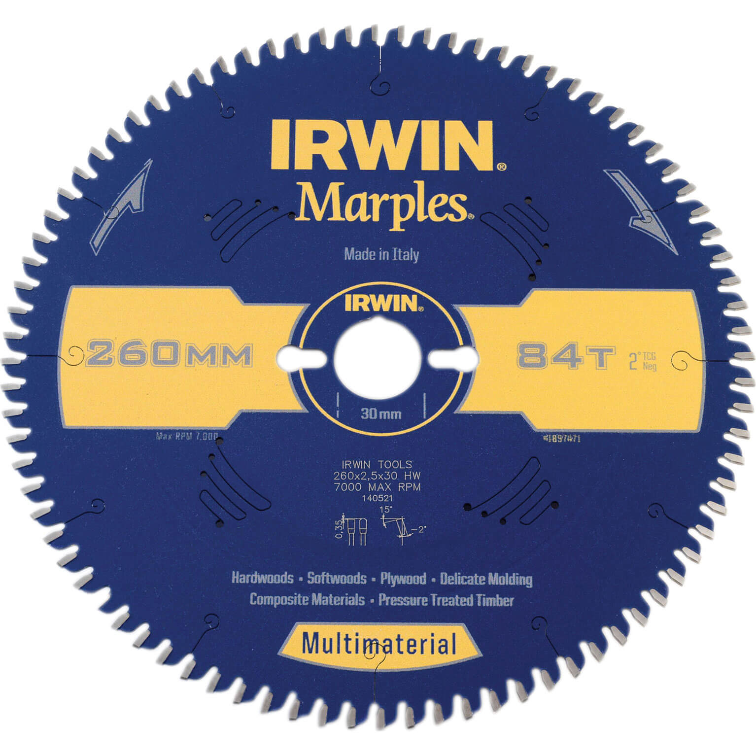 Image of Irwin Marples Circular Saw Blade 260mm x 84 Teeth x 30mm Bore TCG Neg