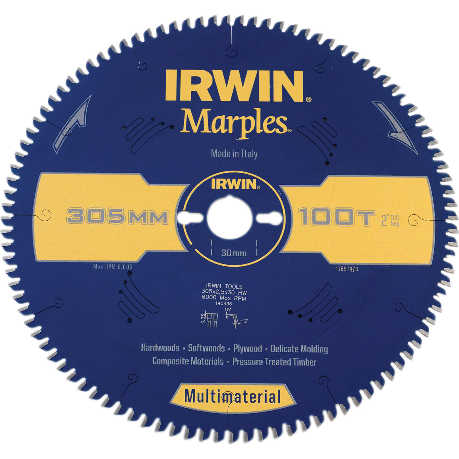 Image of Irwin Marples Circular Saw Blade 305mm x 100 Teeth x 30mm Bore TCG Neg