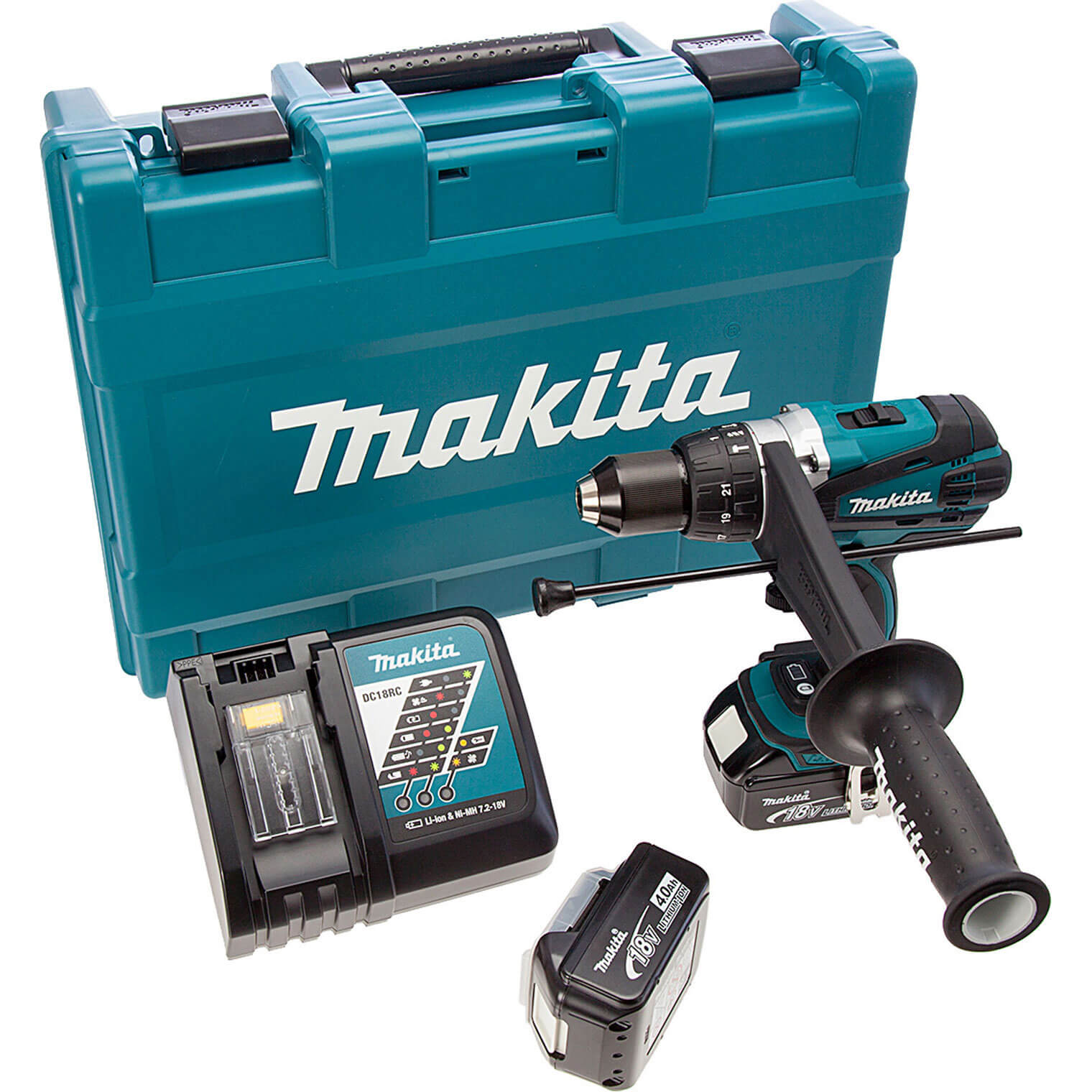 Image of Makita DHP458RME 18v Cordless XPT Combi Drill 2 Speed with 2 Lithium Ion Batteries 4ah