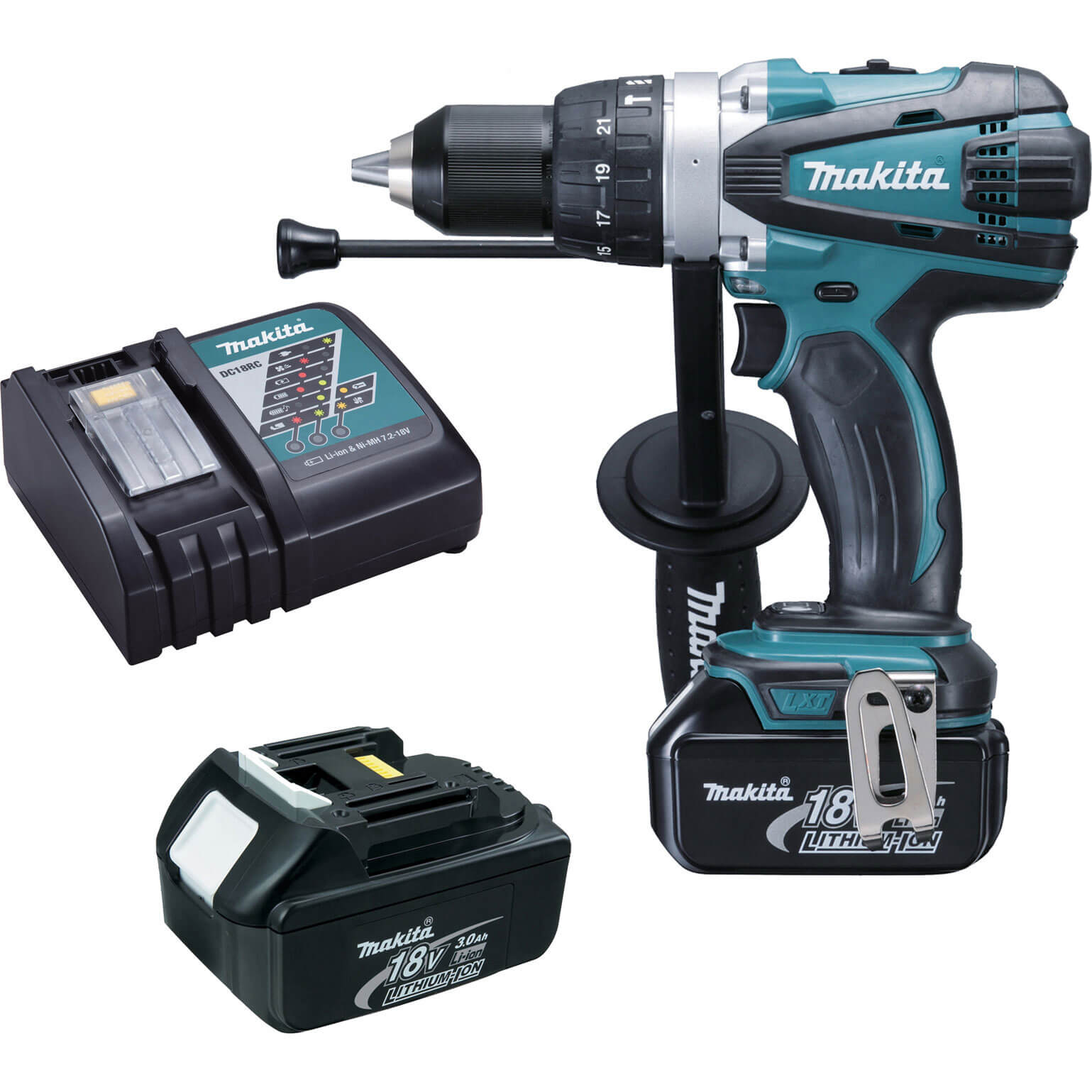 Image of Makita DHP458RFE 18v Cordless XPT Combi Drill 2 Speed with 2 Lithium Ion Batteries 3ah