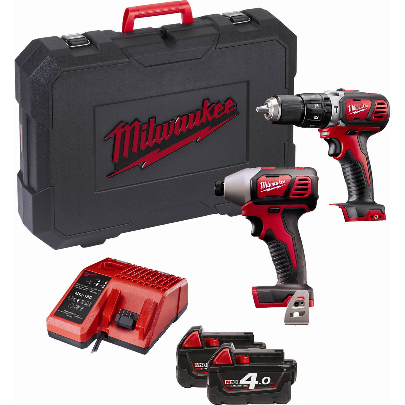 Image of Milwaukee M18BPP2C Compact Combi Drill and Impact Driver with 2 Lithium Ion Batteries 4ah