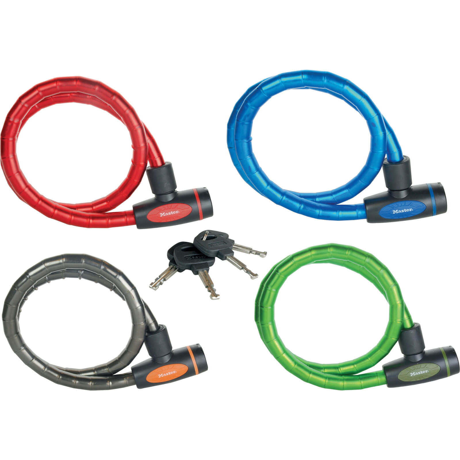 Image of MasterLock 1 Metre x 18mm Keyed Armoured Cable Locks Pack of 4 Assorted Colours