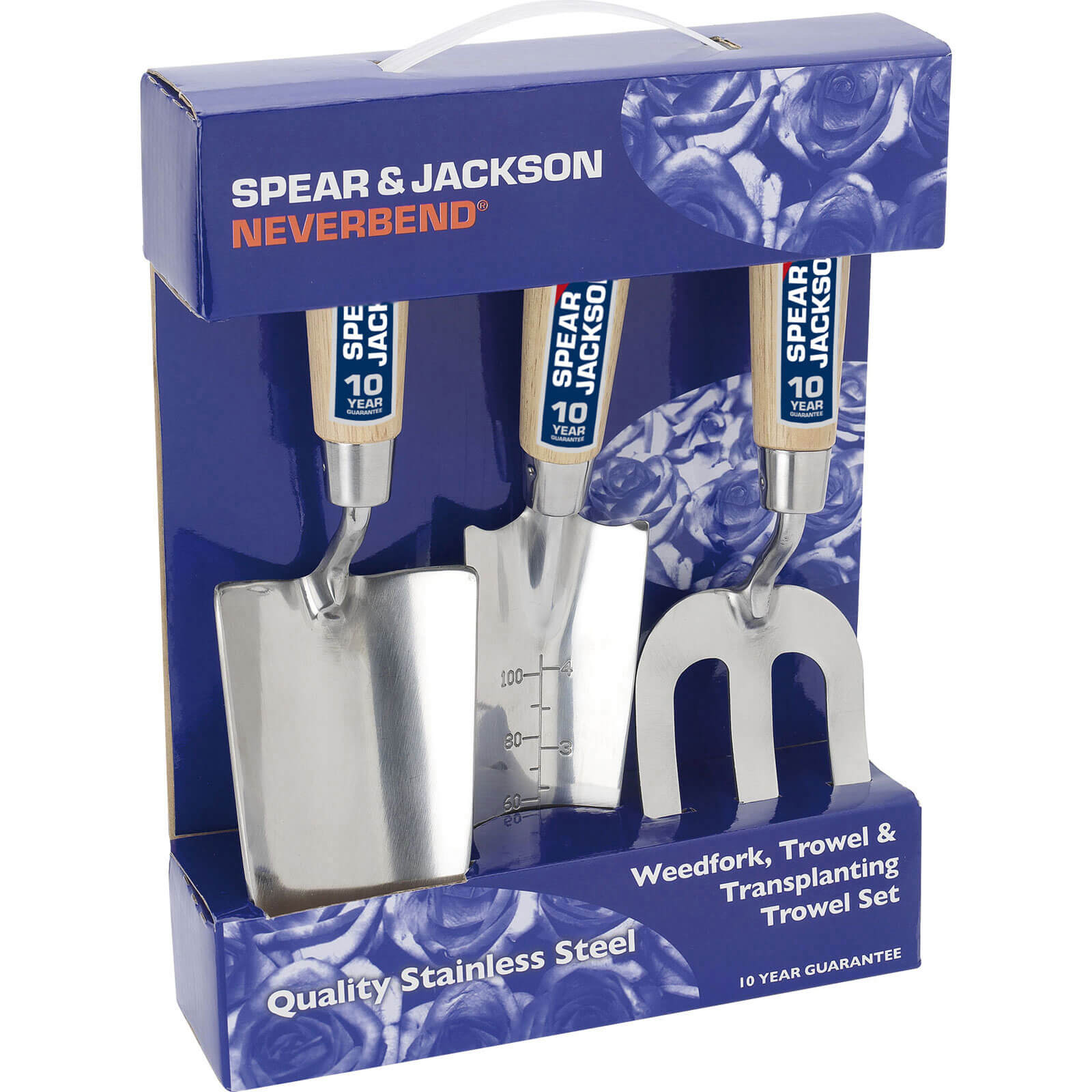 Image of Spear and Jackson Neverbend Stainless Steel 3 Piece Hand Trowel and Weedfork Set