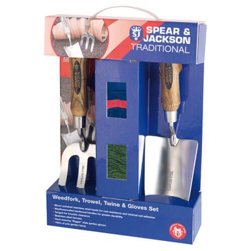 Image of Spear and Jackson Traditional Stainless Steel 2 Piece Hand Trowel and Weedfork Set with Twine and Gloves