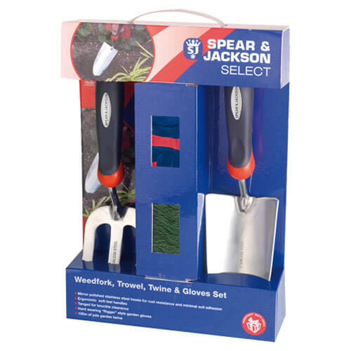 Image of Spear and Jackson Select Stainless Steel 2 Piece Hand Trowel and Weedfork Set with Twine and Gloves