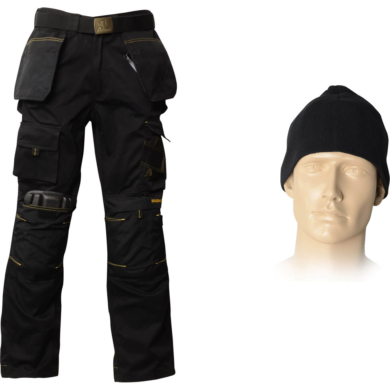 Image of Roughneck Mens Reinforced Work Trousers 36 Waist with Belt Beanie and Kneepads