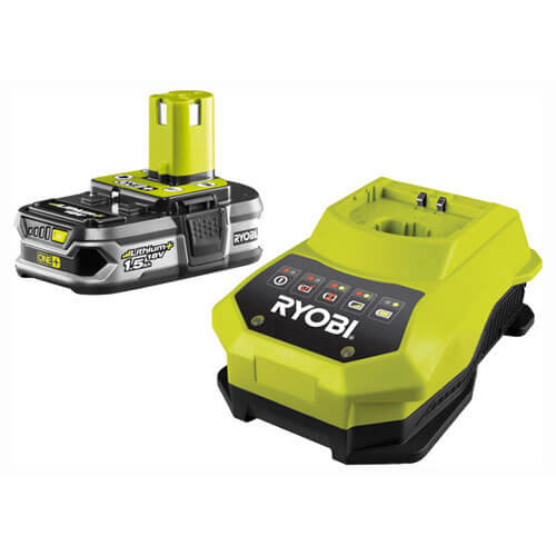 Image of Ryobi RBC18L15 18v Cordless Lithium Ion Slim Battery with Fuel Gauge 15ah and Super Charger for ONE Compatible Tools