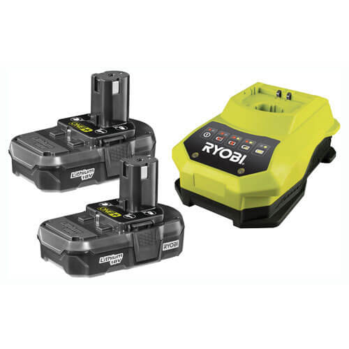 Image of Ryobi RBC18LL13 18v Cordless Lithium Ion Slim Batteries 13ah Pack of 2 with Super Charger for ONE Compatible Tools